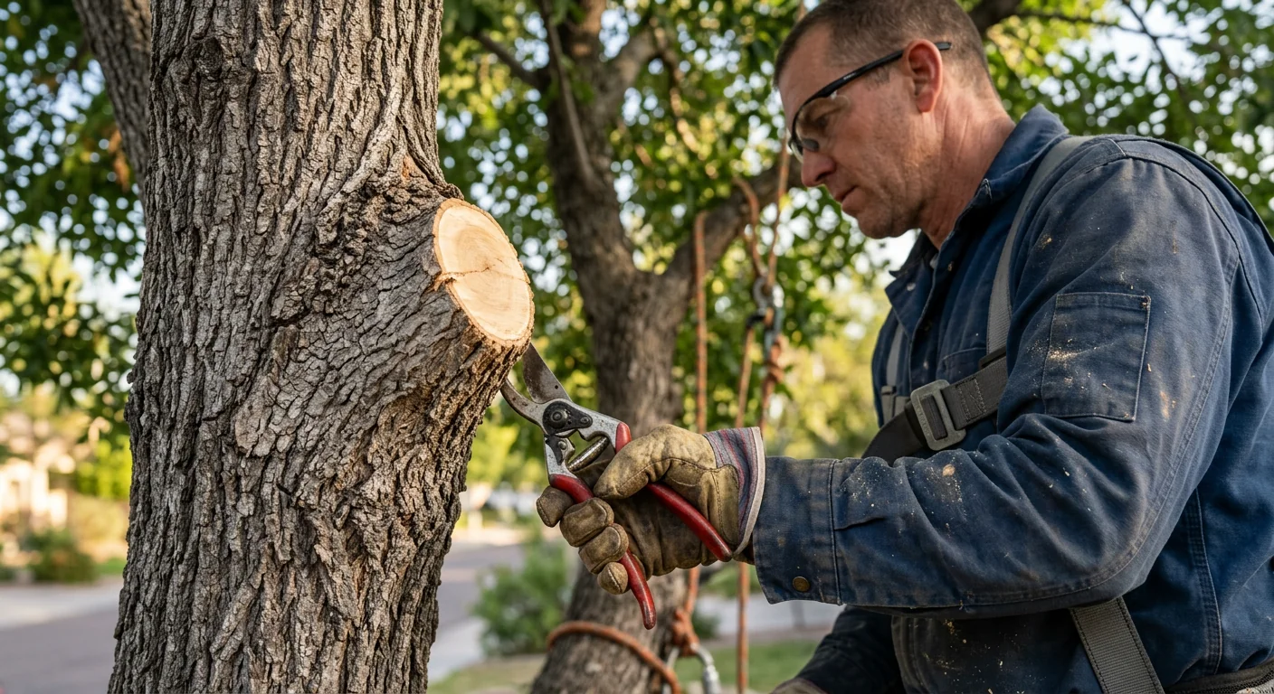 Close-up of a clean pruning cut at the branch collar on a shade tree