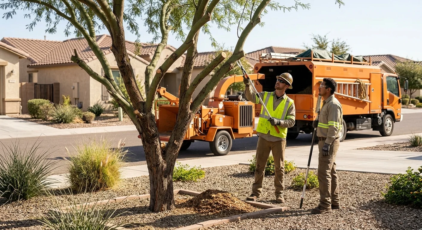 Wide shot of a pruned front-yard tree on a Goodyear residential lot