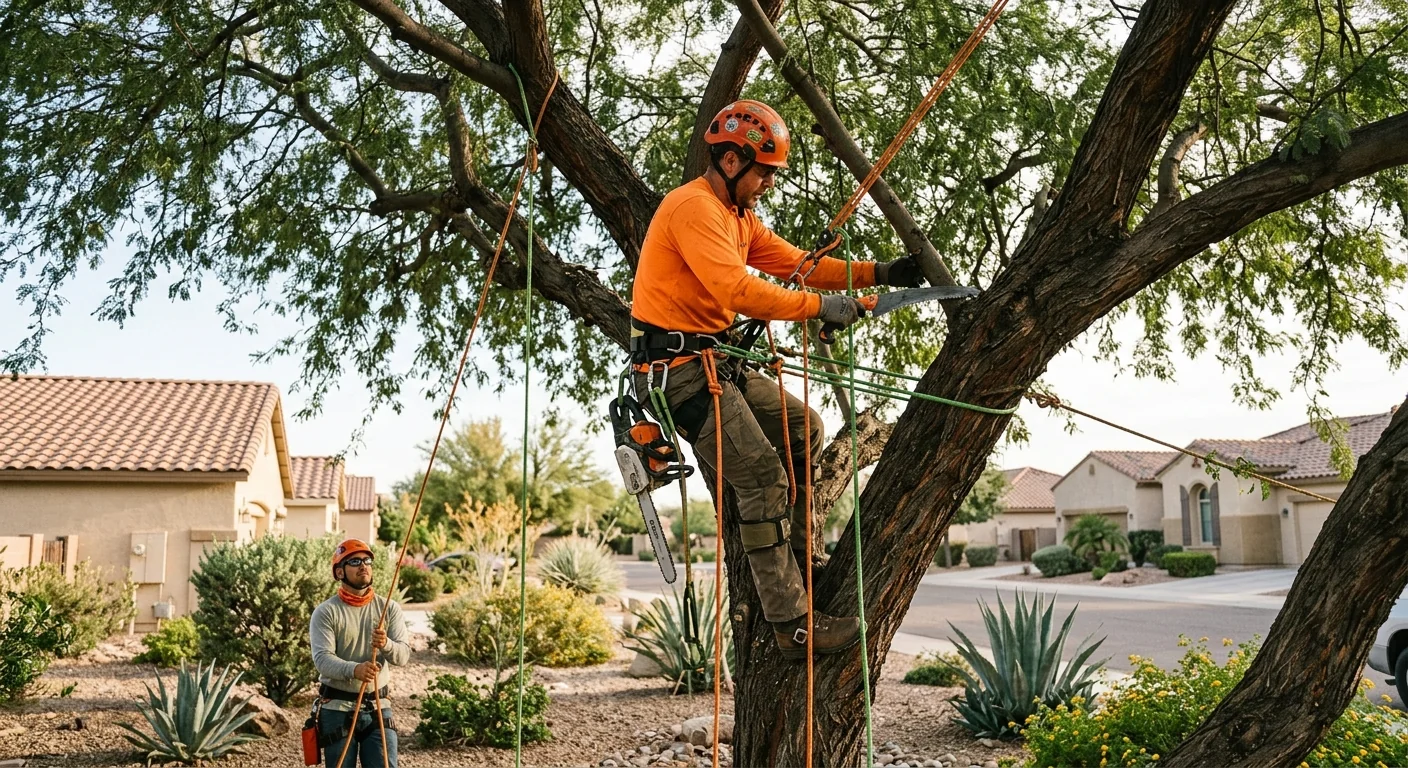 Arborist climbing with ropes to thin a mature canopy in Goodyear