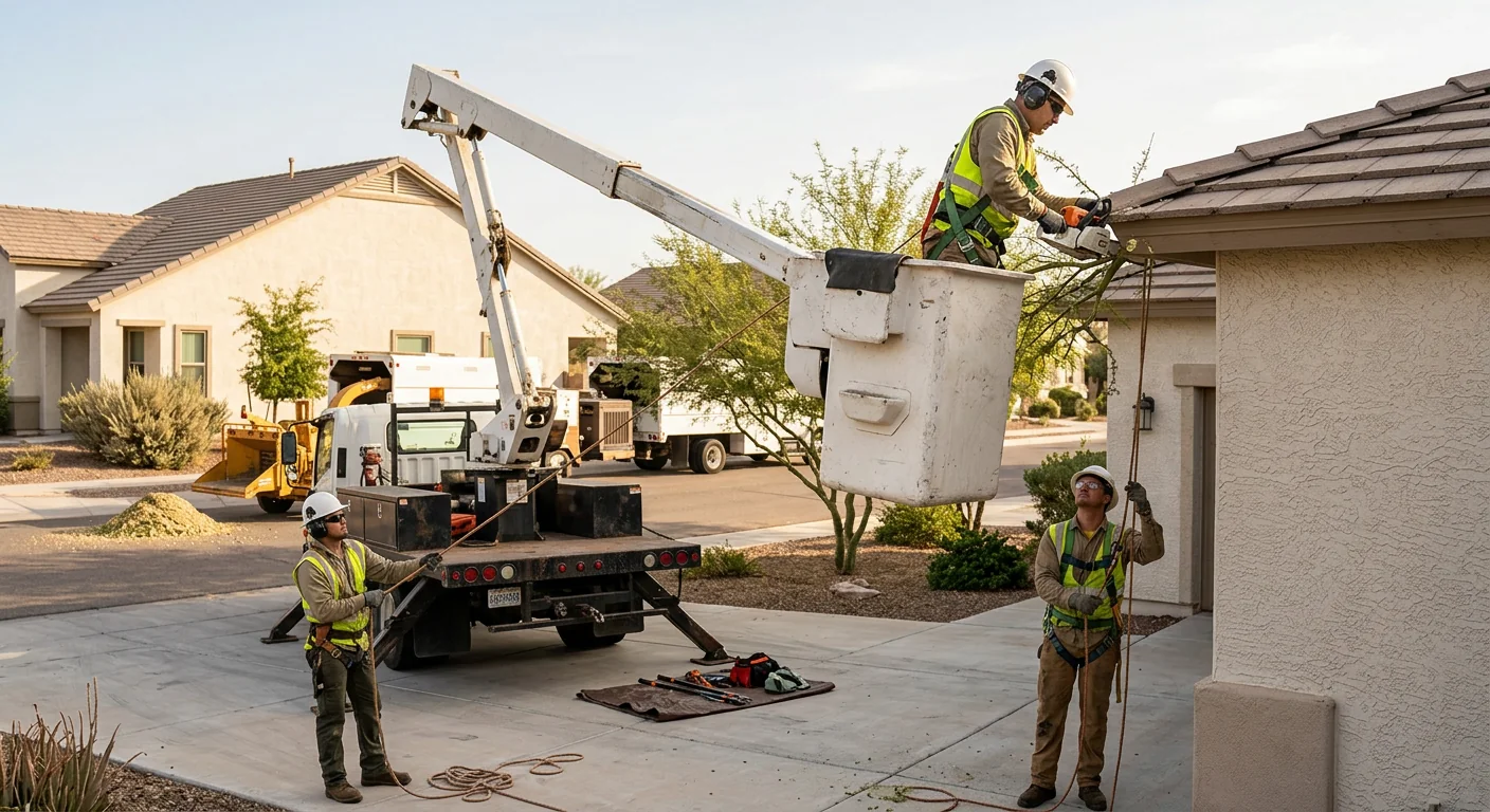 Aerial lift positioned for clearance pruning near a rooftop
