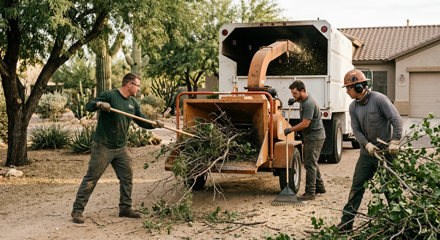Crew chipping pruned brush into a wood chipper on-site