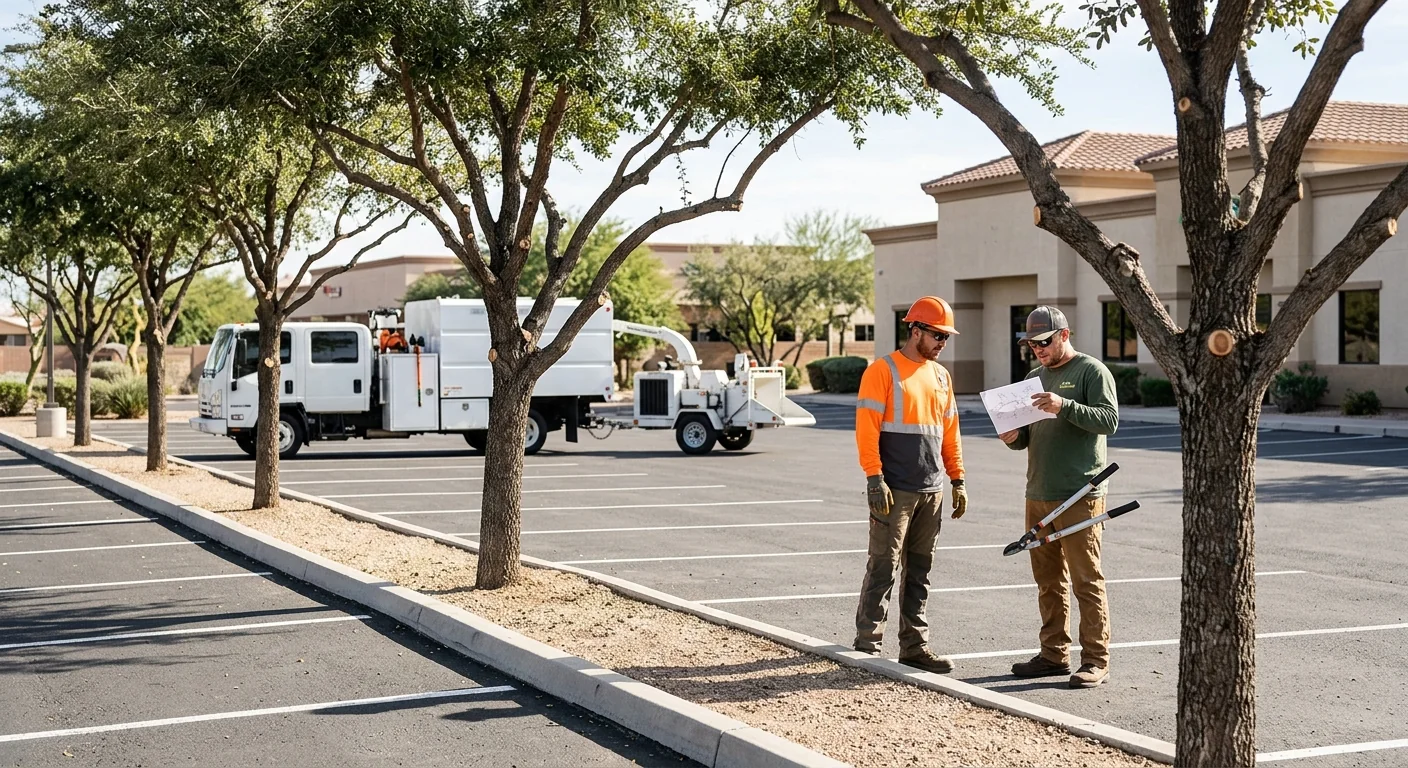 Pruned commercial property trees lining a clean parking area in Goodyear