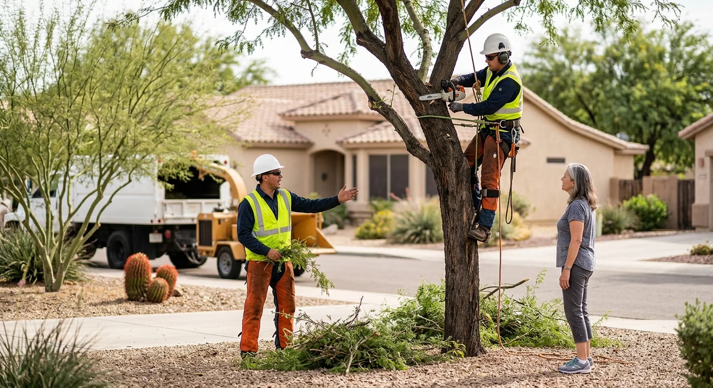 Crew pruning canopy branches on a residential Goodyear property