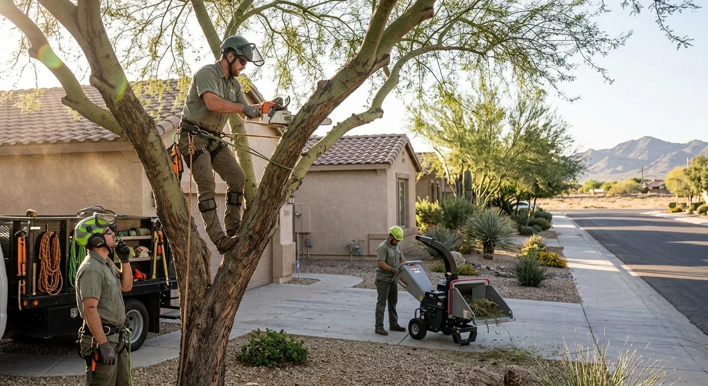 Crew evaluating a large backyard tree for removal in Goodyear