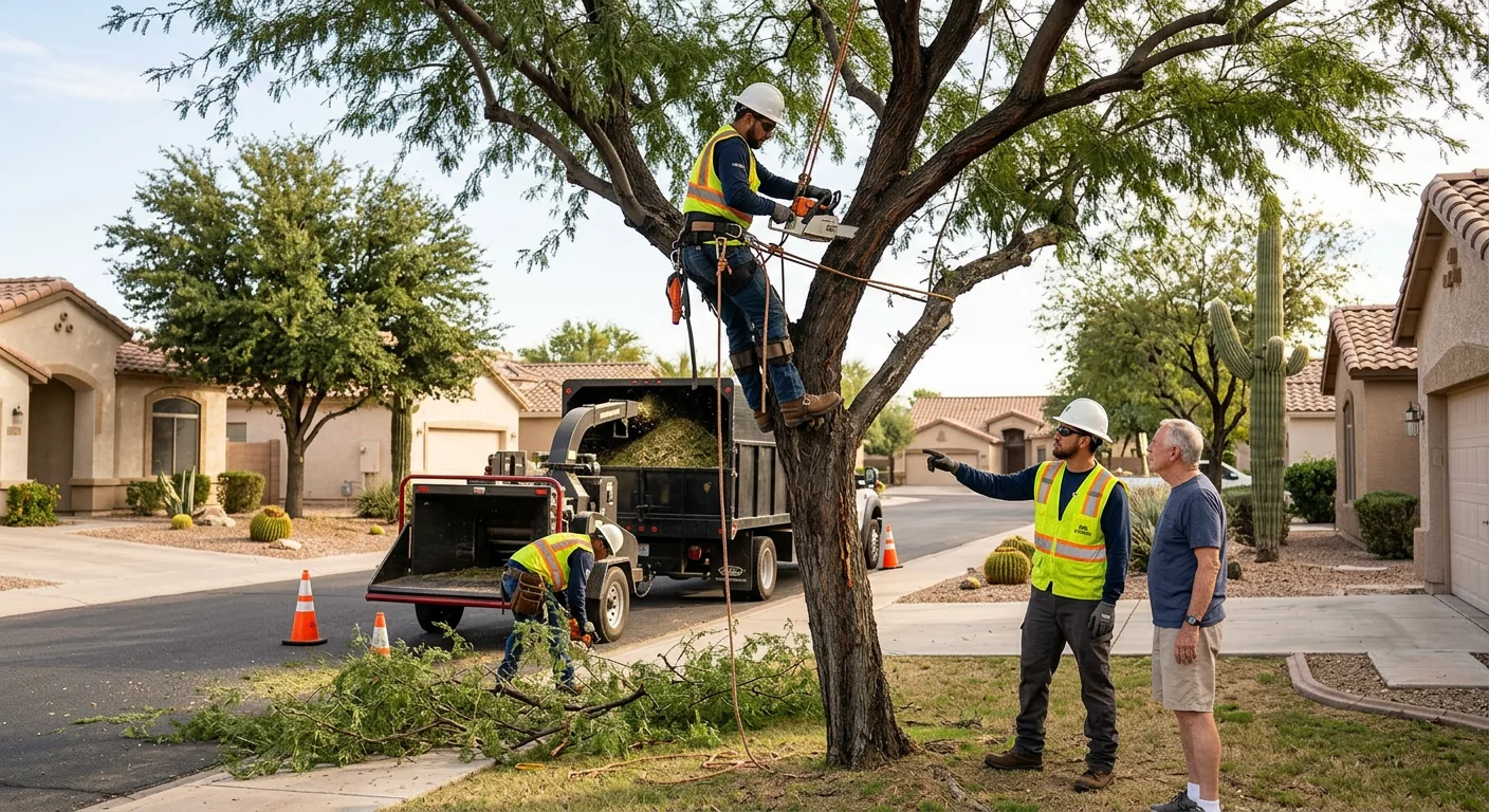 Crew preparing equipment for a residential tree removal job in Goodyear