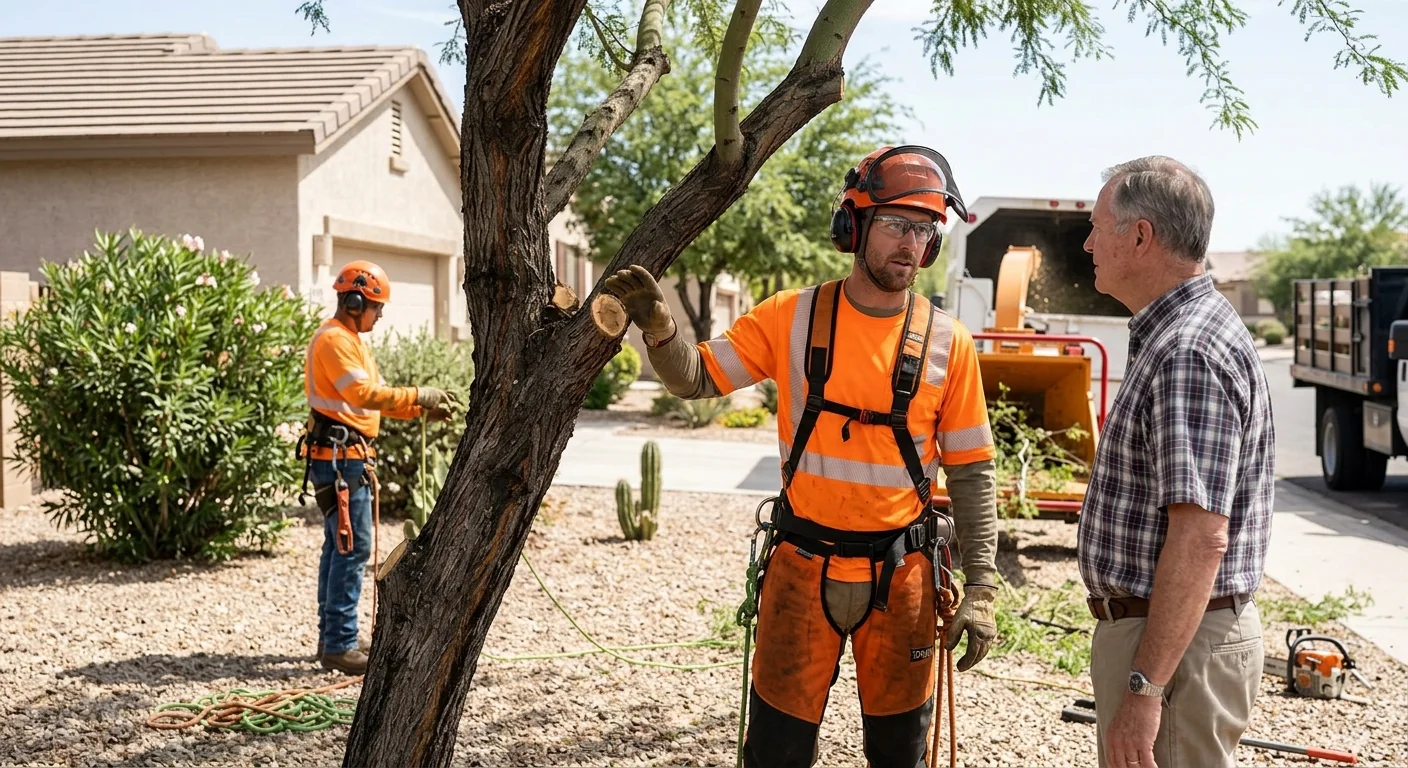Crew sectioning a large tree in a Goodyear residential backyard