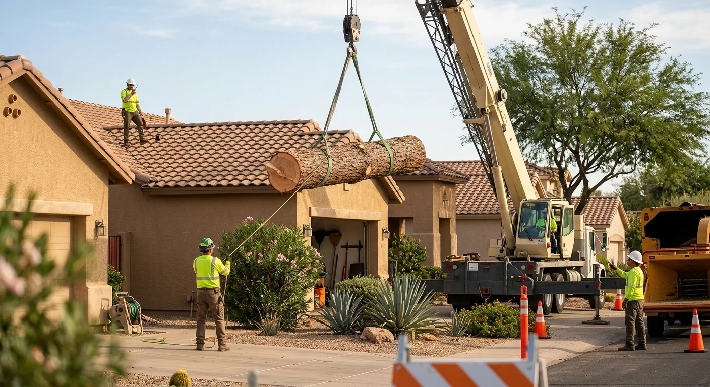 Crane lifting a large trunk section over a rooftop during removal in Goodyear