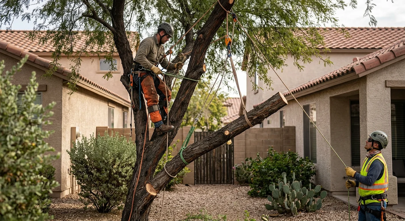 Arborist using rigging ropes to lower a heavy limb in a tight backyard