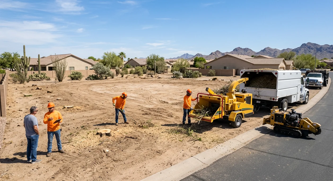 Wide shot of a cleared residential lot after full tree removal