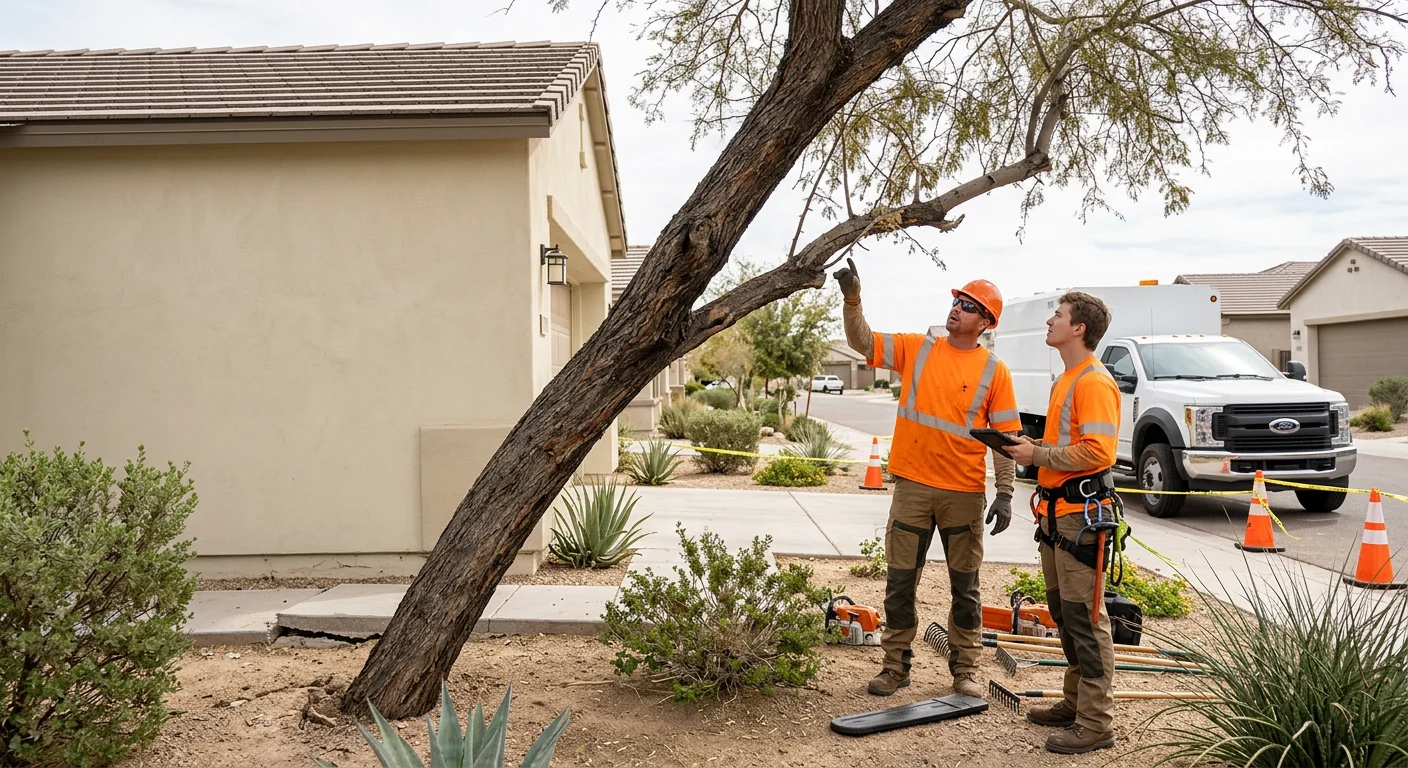 Before view of a leaning hazardous tree near a home foundation