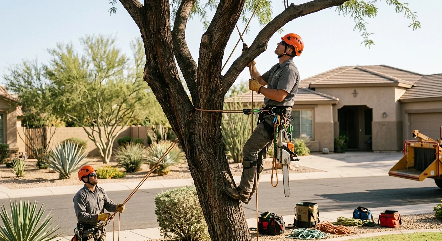 Crew member climbing with harness to section a tall desert tree