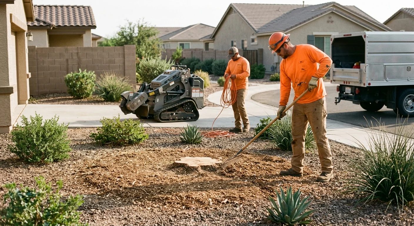 Finished yard with ground-level stump after grinding and cleanup