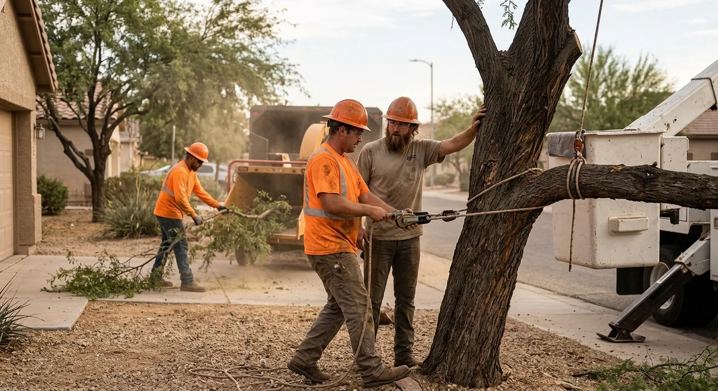 Arborist lowering a rigged tree section on a Goodyear property