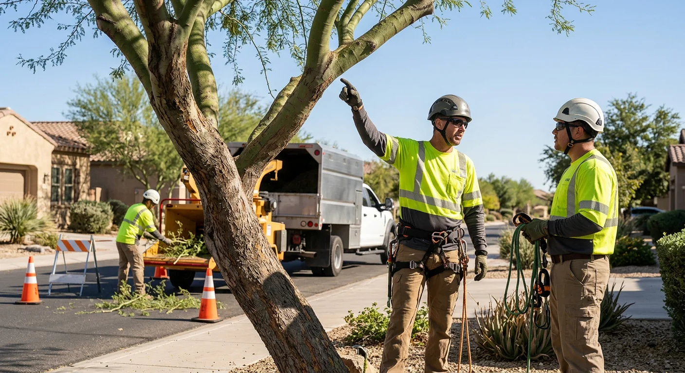 Crew loading tree debris into a chipper after removal