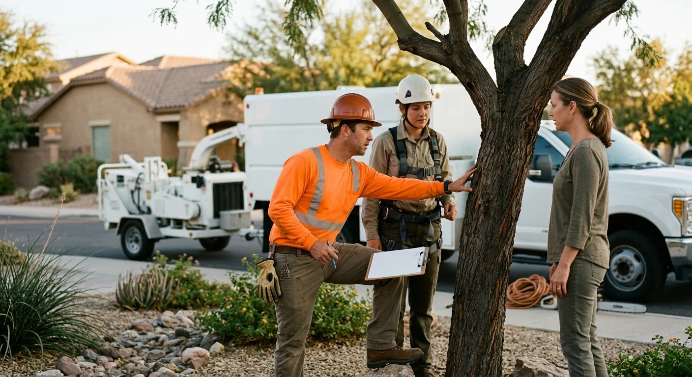 Arborist inspecting a mature tree during a risk assessment in Goodyear