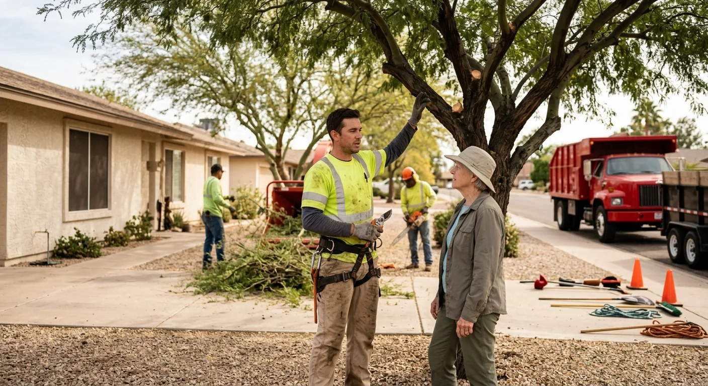 Arborist inspecting a mature tree during a risk assessment in Goodyear
