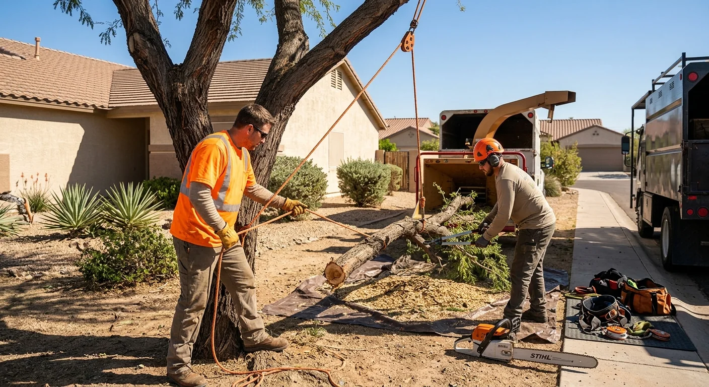 Arborist inspecting a mature desert tree canopy on a Goodyear residential property