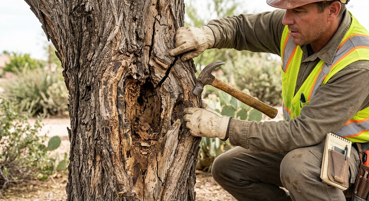 Close-up of trunk decay and cracks noted during a tree risk assessment