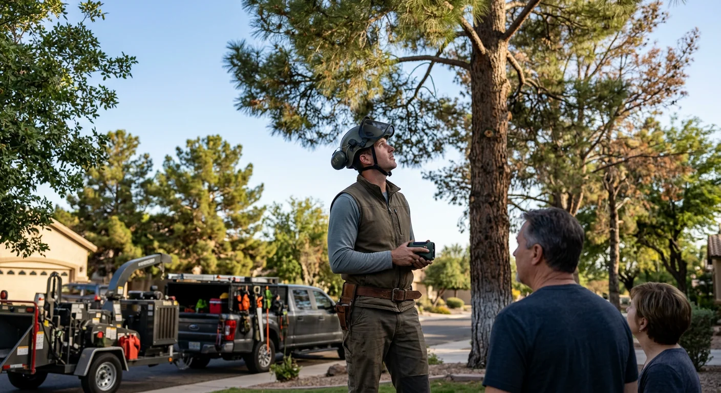 Wide shot of an arborist surveying mature trees across a residential lot