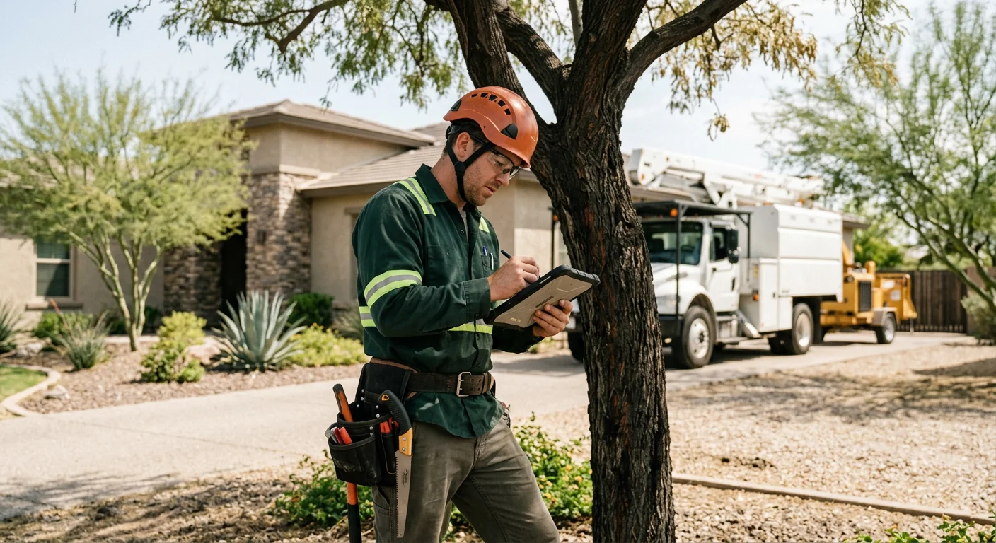 Arborist recording canopy condition notes on a tablet on site