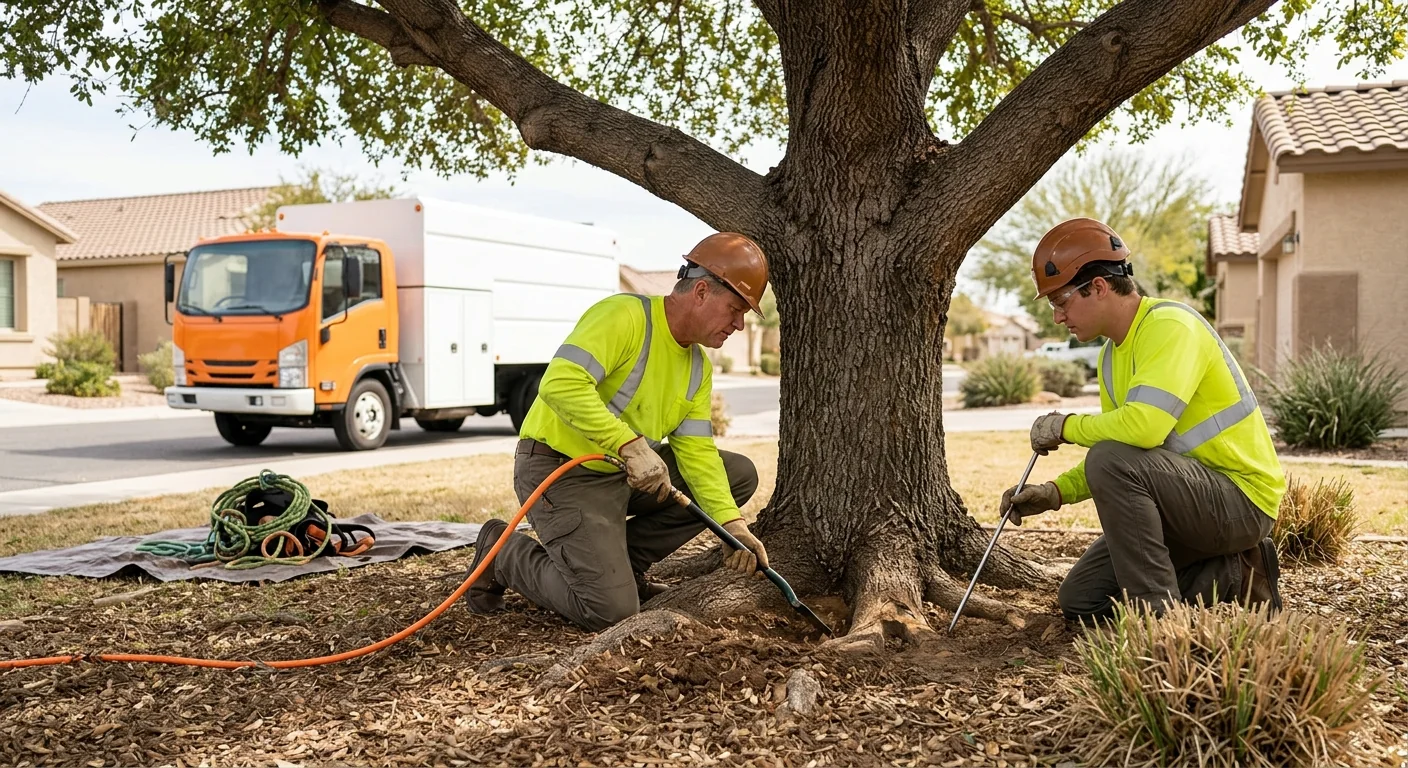 Root plate inspection at the base of a large shade tree