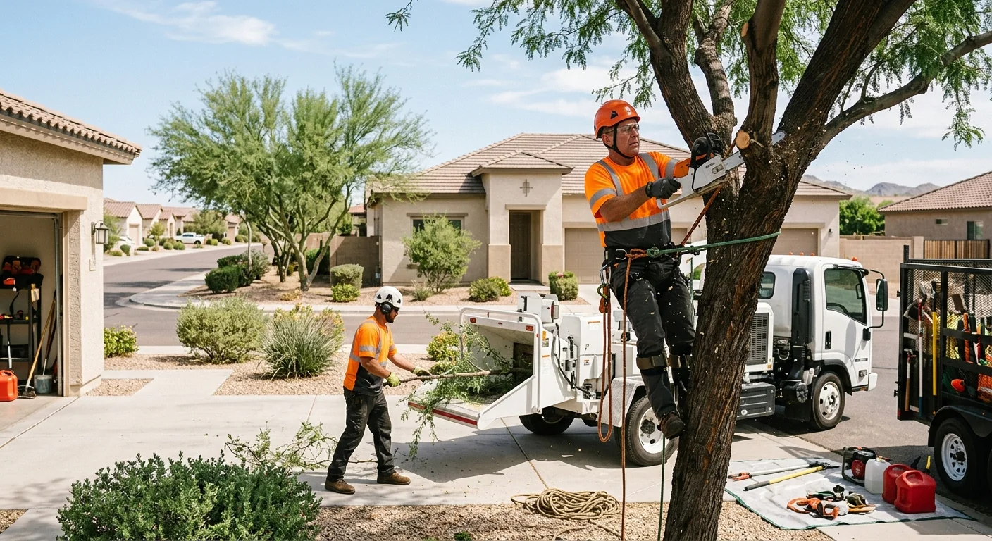 Technician documenting tree defects during a risk inspection in Goodyear