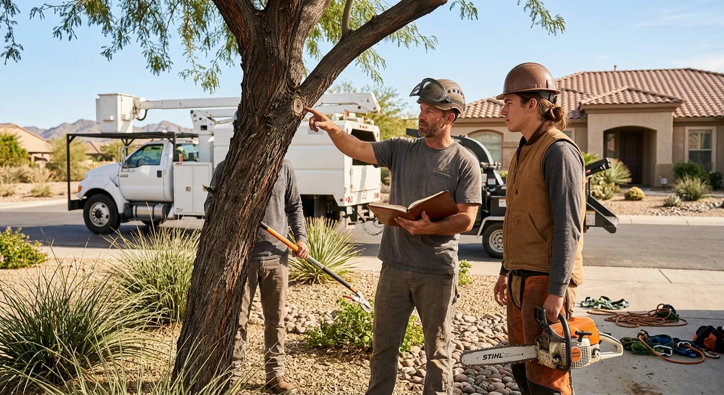 Technician explaining tree pruning plan to a homeowner at a Goodyear property