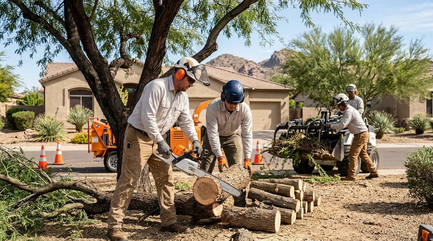 Arborist reviewing a written estimate with a Goodyear homeowner outdoors