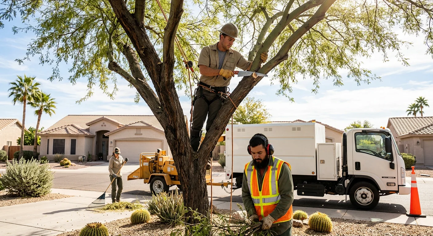 Tree service crew reviewing completed trimming work with a homeowner in Goodyear