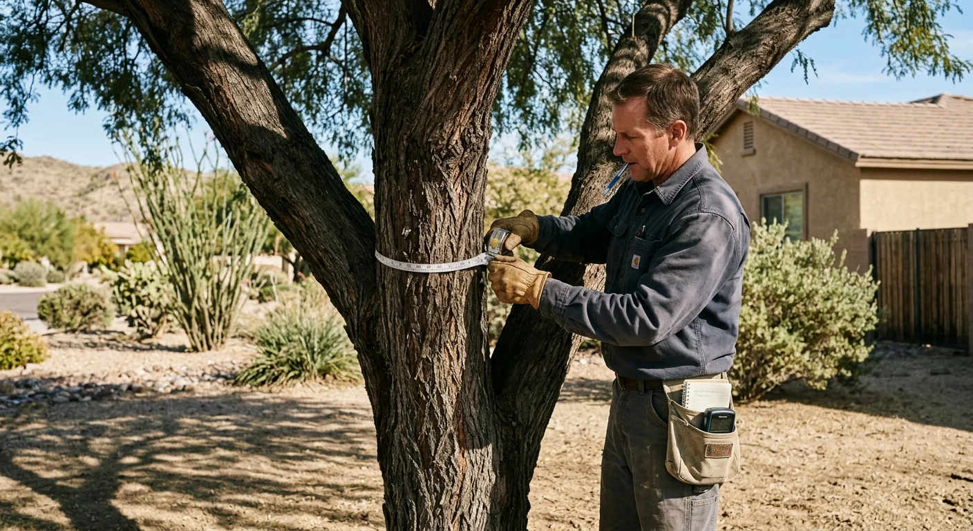 Estimator measuring a mature tree while preparing a written quote in a Goodyear yard