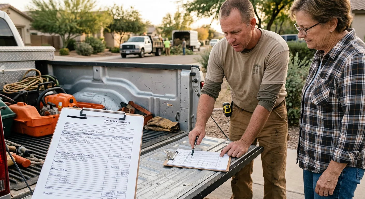 Clipboard with a detailed tree service estimate resting on a truck tailgate