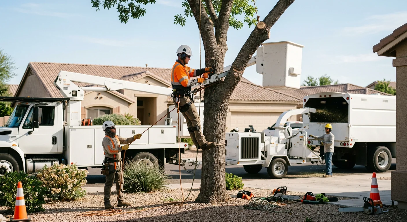 Tree service crew reviewing a written estimate with a homeowner in Goodyear