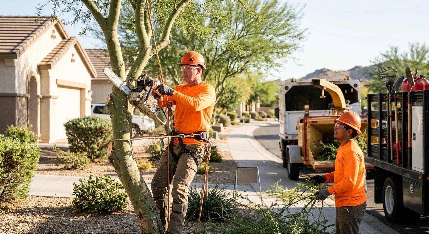 Tree service truck parked along a residential street in Goodyear Arizona