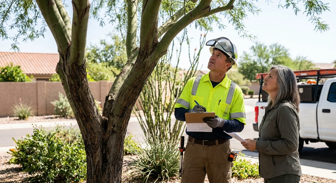 Arborist assessing a tree and preparing a written estimate at a Goodyear property