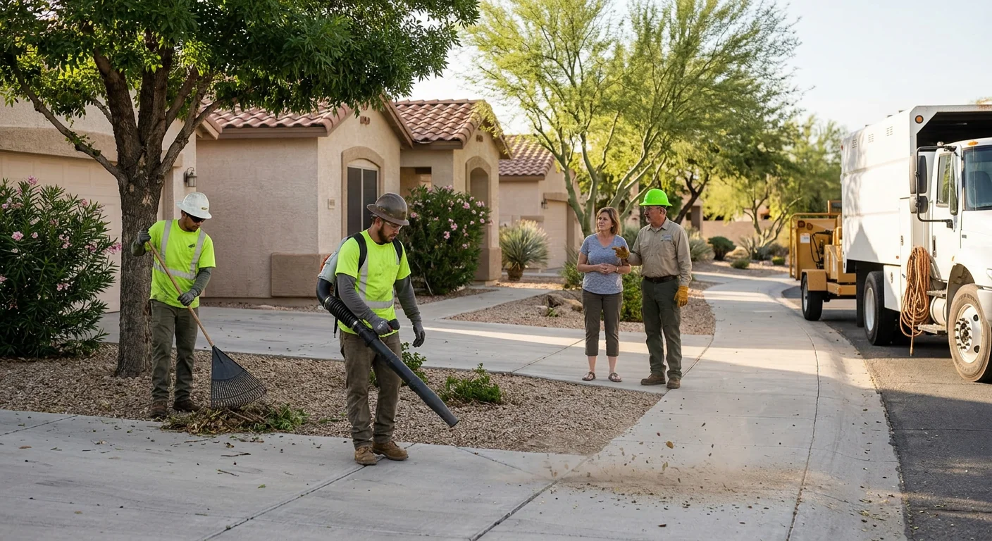 Tree service crew completing final cleanup and walkthrough after a Goodyear job