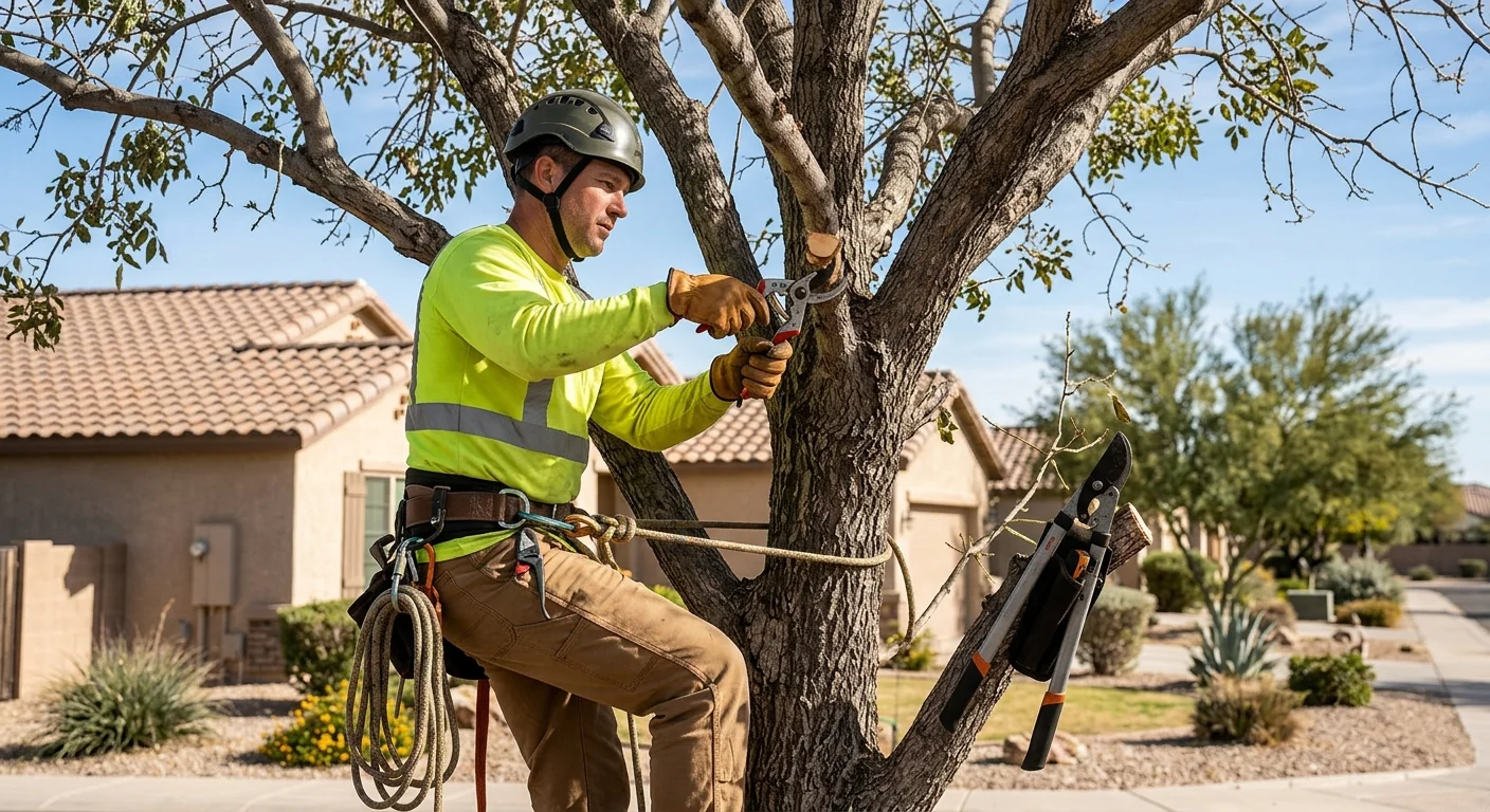 Arborist making a precise pruning cut on a mature desert tree in Goodyear