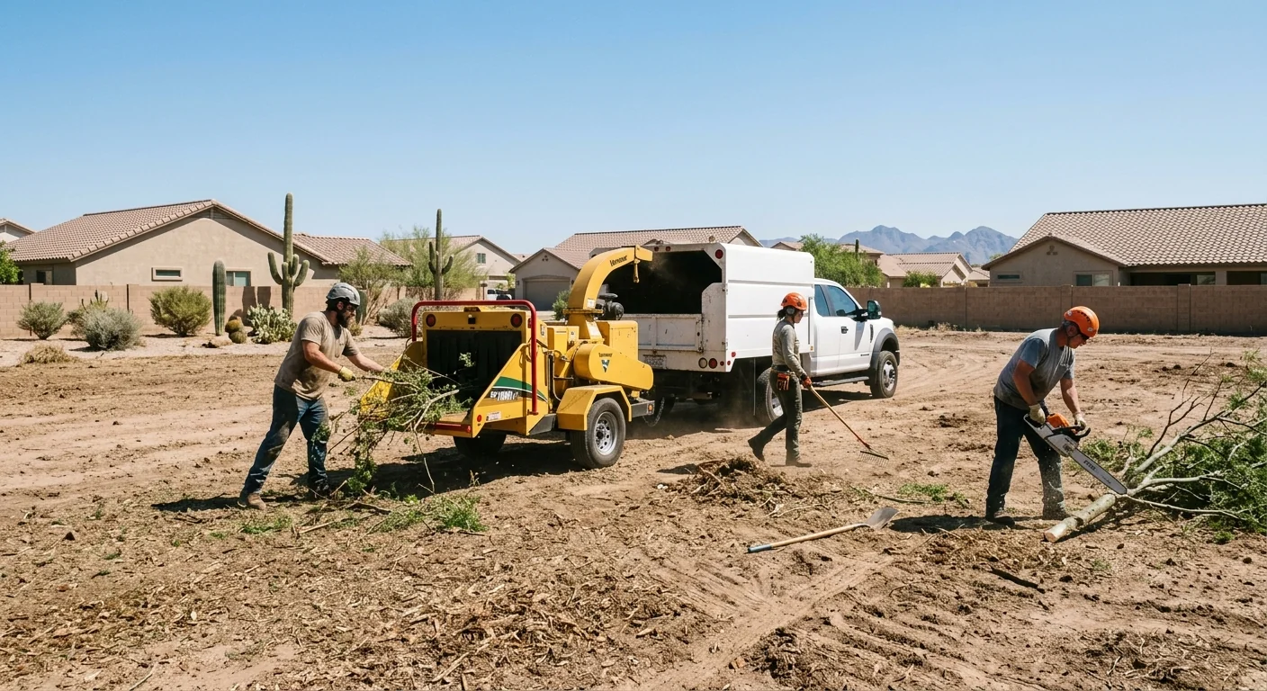Wide shot of a residential lot cleared of overgrown brush under a bright Arizona sky