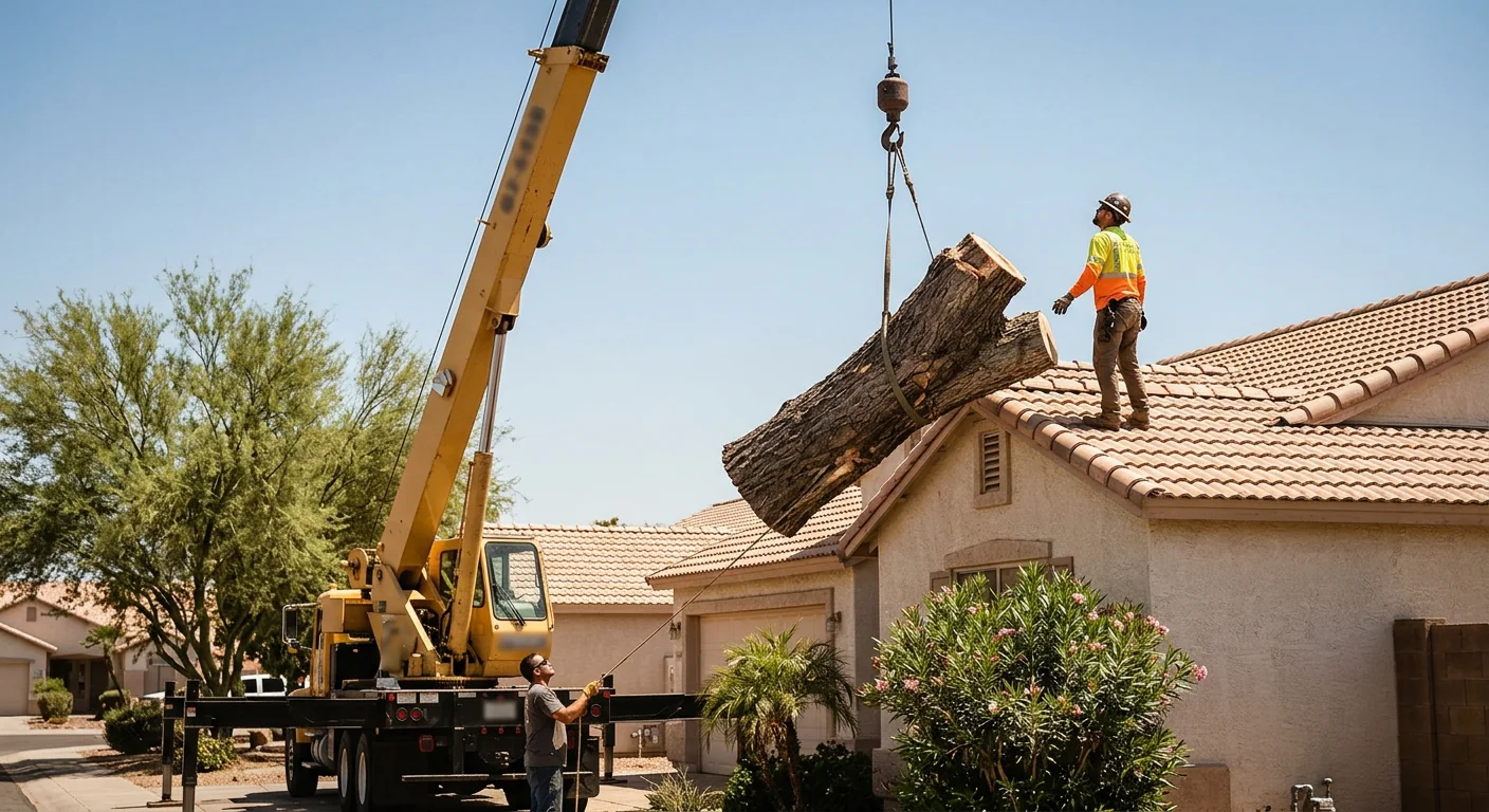Crane lifting a large tree section away from a rooftop during a controlled removal