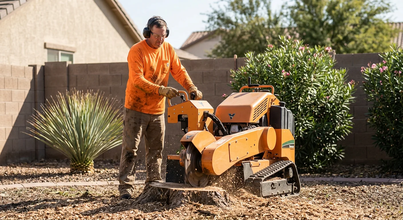 Stump grinder reducing a tree stump to mulch on a suburban Goodyear property