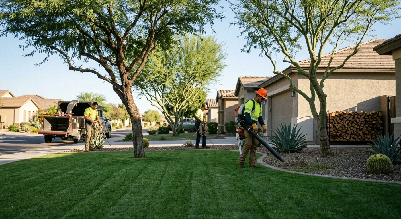 Neatly trimmed trees and cleaned yard showing finished tree service results
