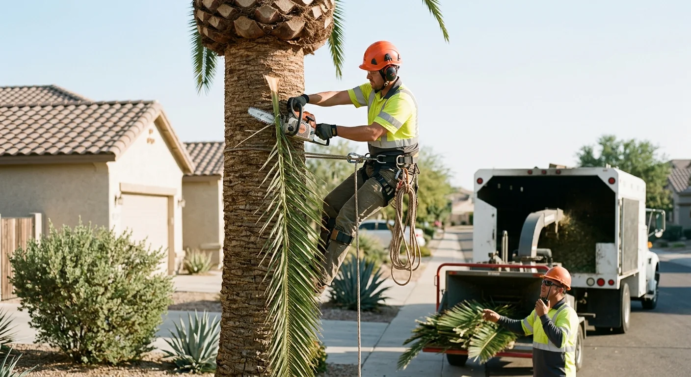 Climber in harness working high in a palm during a canopy thinning job