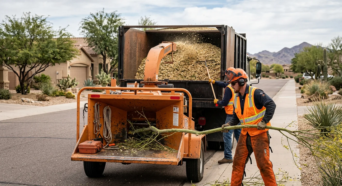 Chipper processing branches into a truck during storm debris cleanup