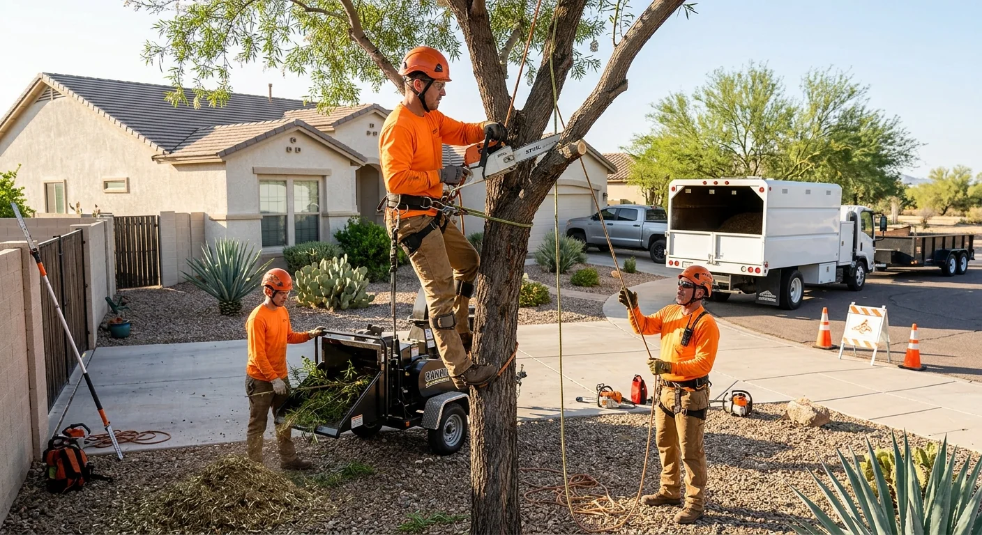 Tree service crew reviewing safety gear and rigging before a job in Goodyear