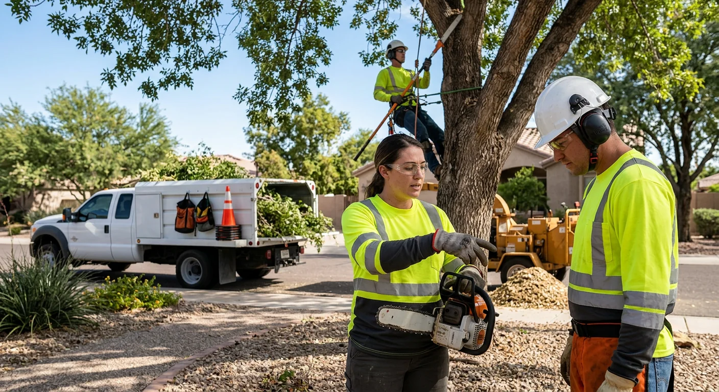 Tree service crew reviewing job documentation with a Goodyear homeowner after completed work