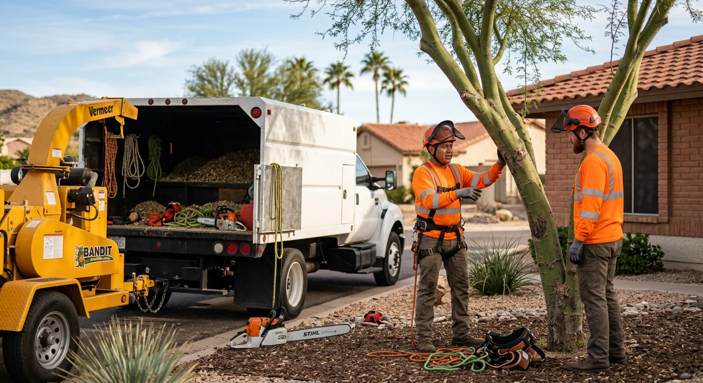 Arborist trimming a residential tree canopy on a Goodyear property