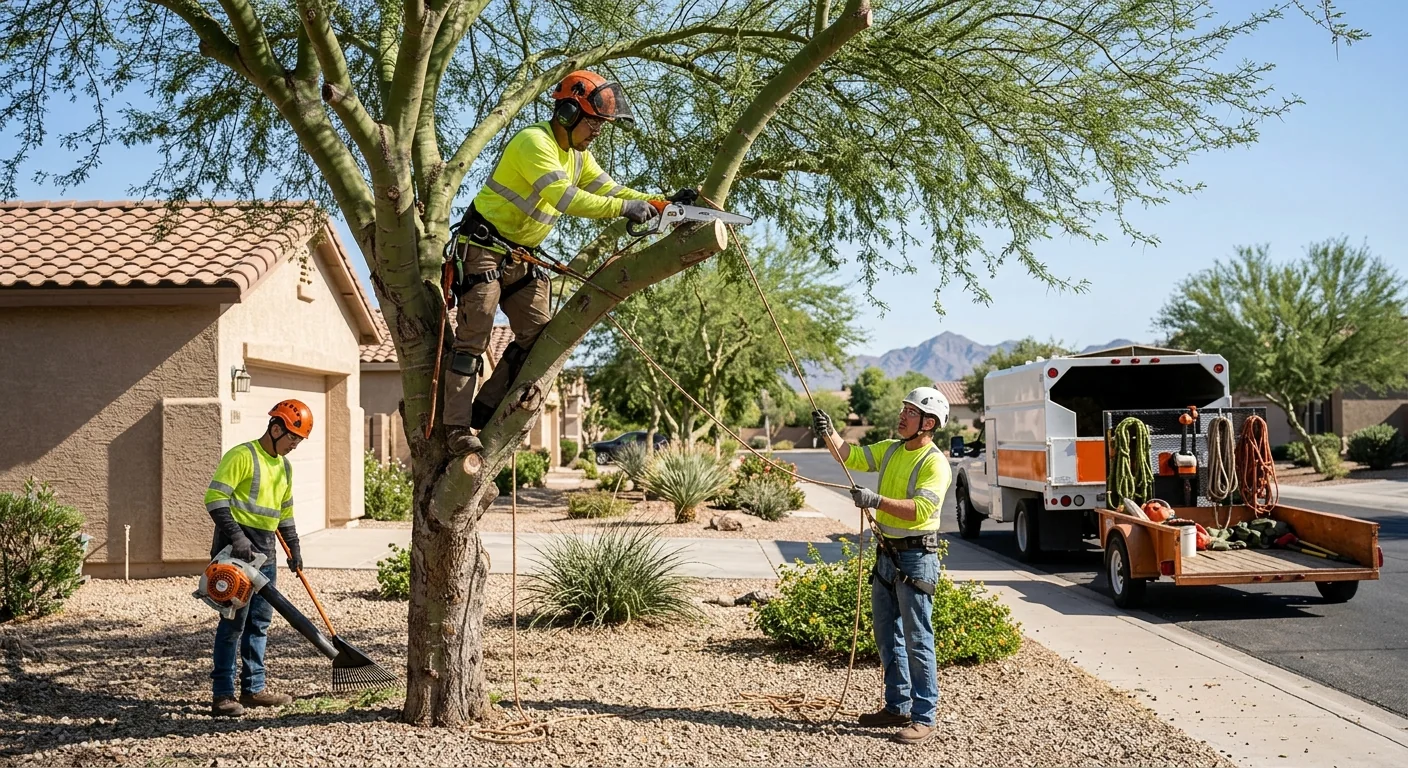 Crew trimming mature trees in a Goodyear residential yard using modern equipment