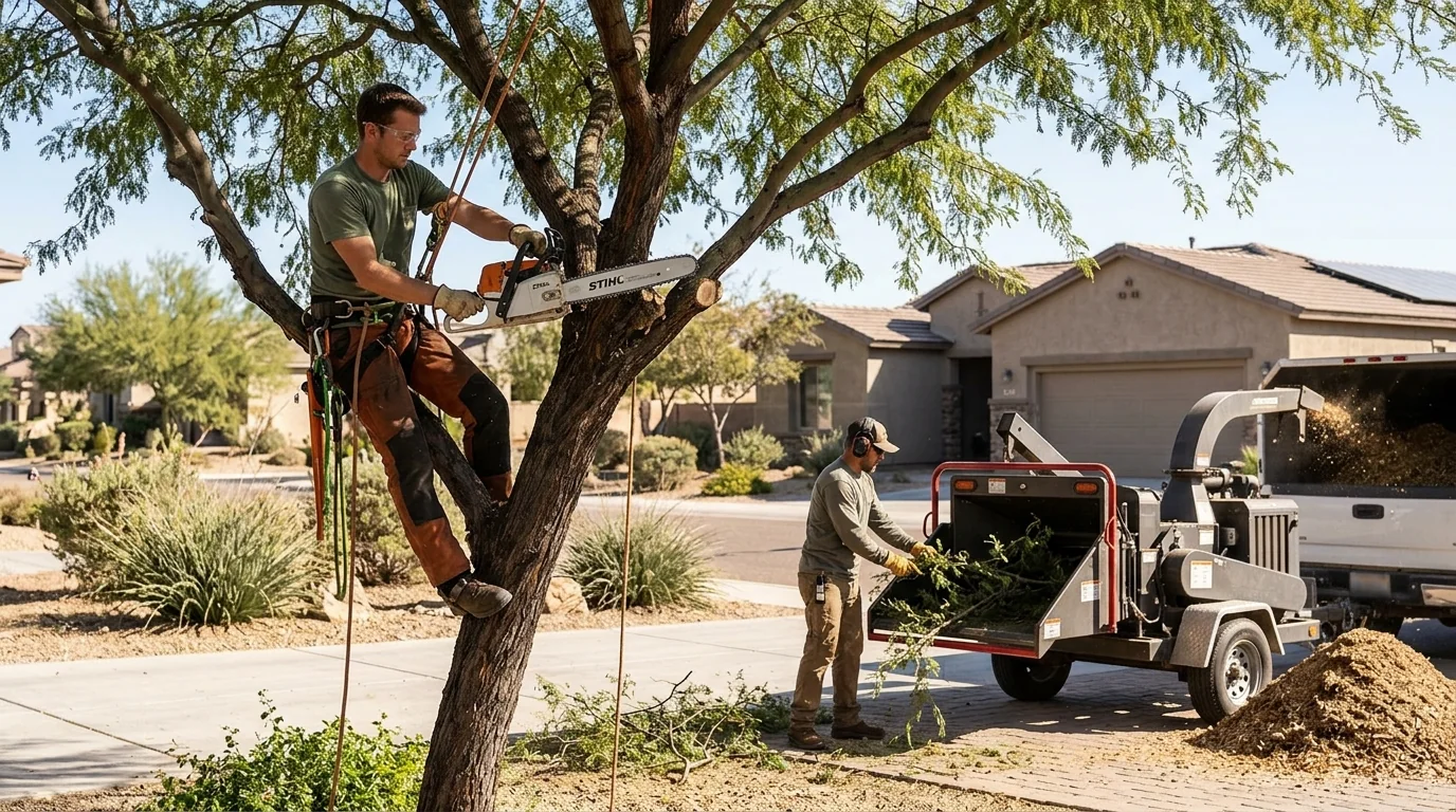 Arborist shaping tree canopy with precision pruning tools
