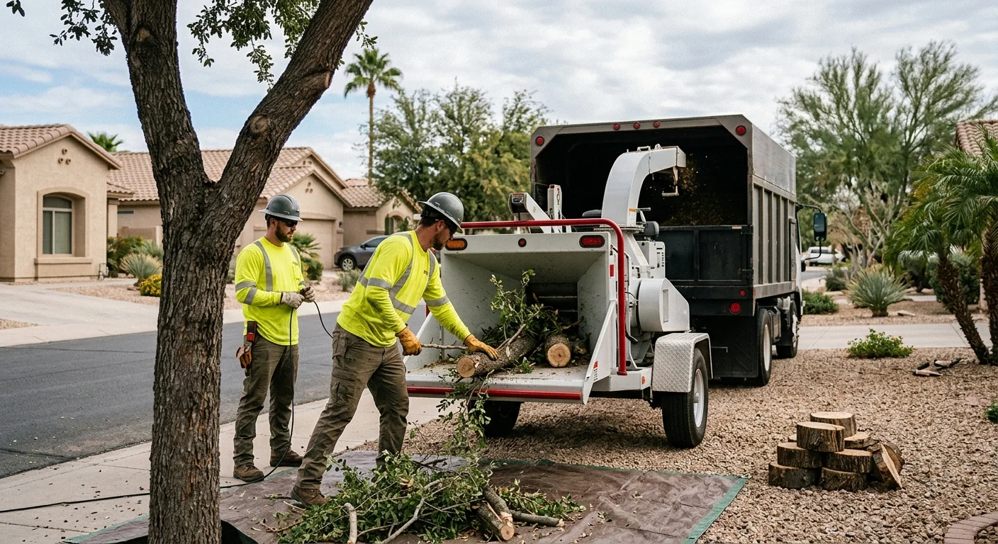 Arborist thinning a mature desert tree canopy on a Goodyear residential property