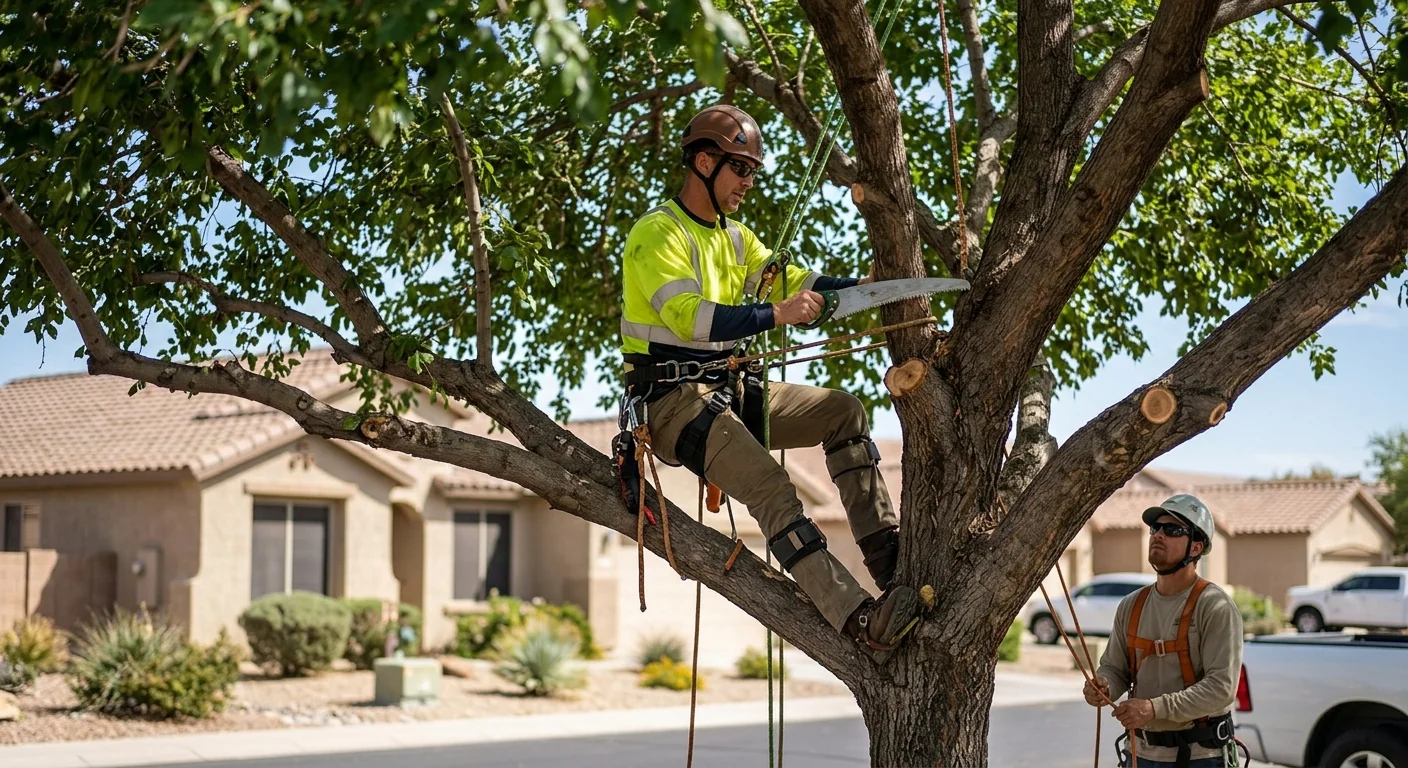 Arborist climbing a mature shade tree to thin the canopy in Goodyear