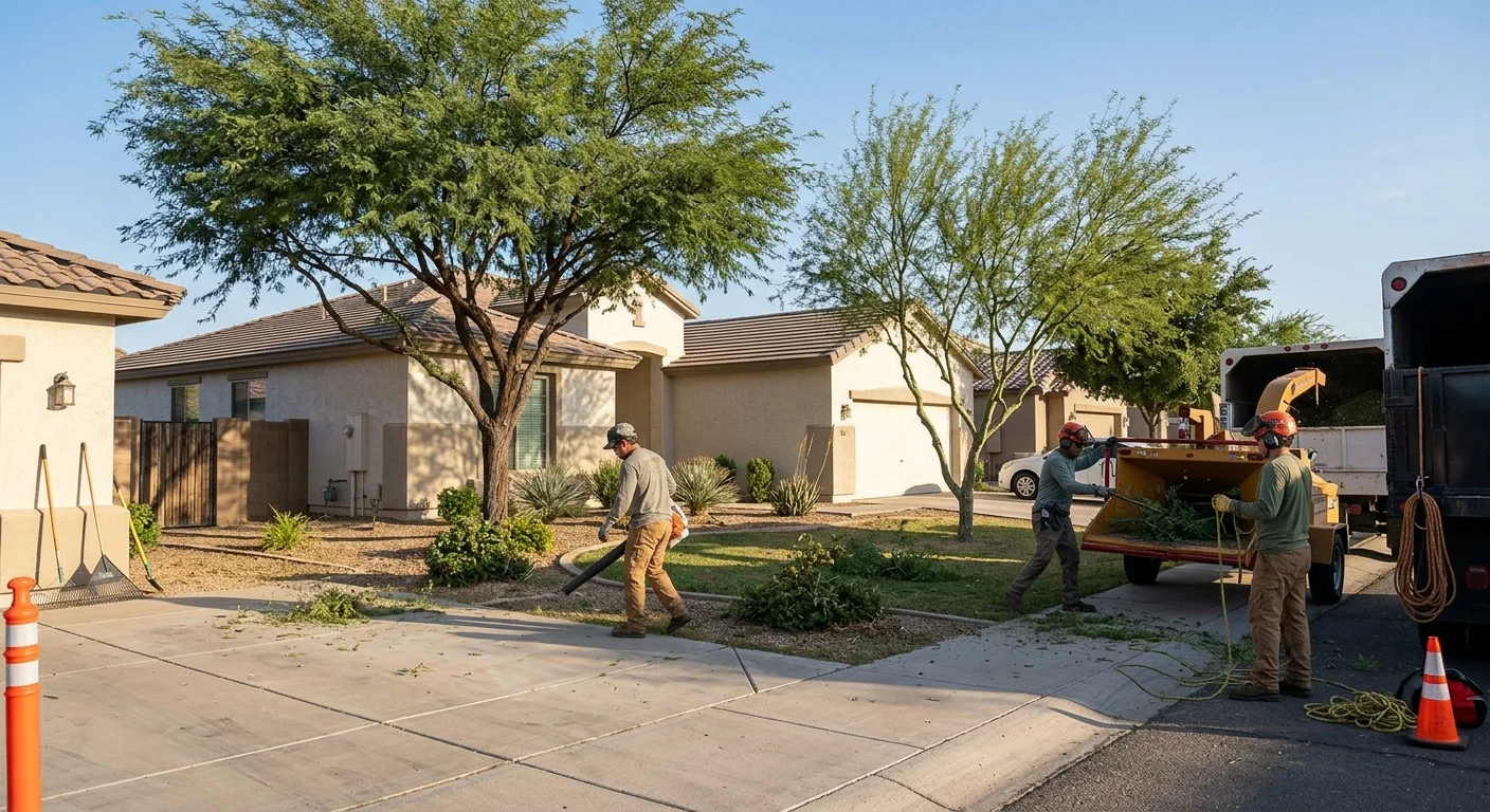 Wide shot of a residential yard after tree trimming with balanced canopy shape